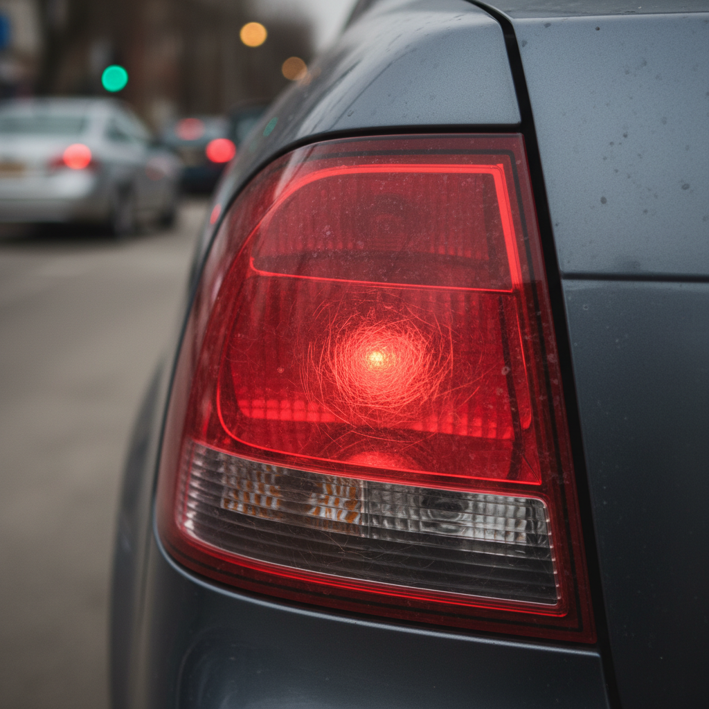 A close-up, professional photo of the rear of a car, specifically focusing on a red tail light. The tail light has several noticeable, fine scratches across its surface, slightly dulling its appearance and subtly blurring the emitted light, suggesting reduced clarity. The background is softly blurred to keep the focus on the damaged tail light, implying the importance of its condition for road visibility.