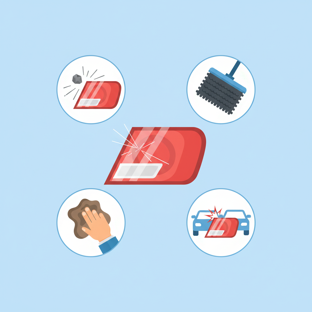 An infographic-style flat vector illustration depicting common causes of scratches on a car's tail light. The central element is a red car tail light. Around it, several small, distinct icons illustrate different scratch sources: a small, sharp pebble hitting the surface, a harsh bristled brush from an automatic car wash, a hand wiping with a rough, dirty cloth, and a subtle, implied impact point from a minor collision.