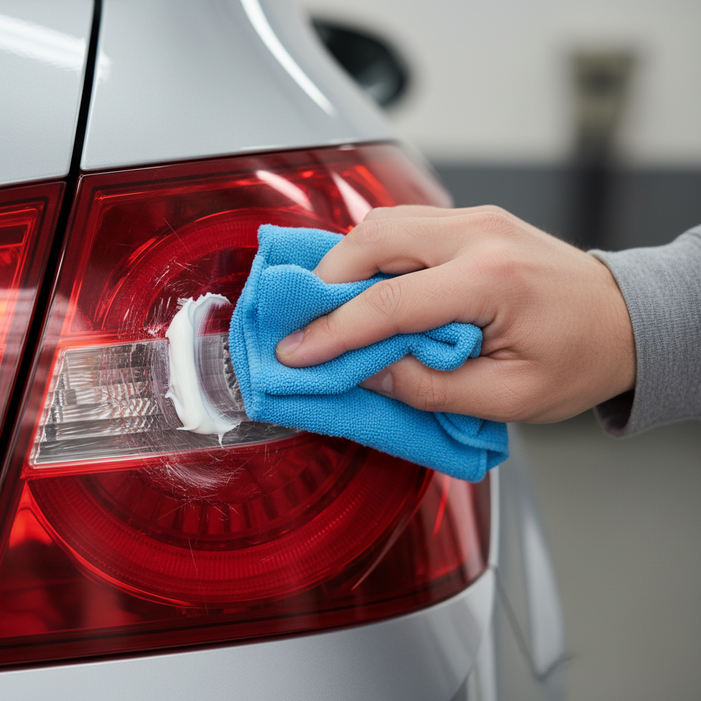 A realistic, well-lit close-up photo demonstrating the toothpaste method. On a clean, red car tail light, a small amount of white, non-gel toothpaste is visible. A person's hand, holding a soft, clean microfiber cloth, gently rubs the toothpaste onto a scratched area of the tail light in a circular motion, showing the application process clearly and effectively.