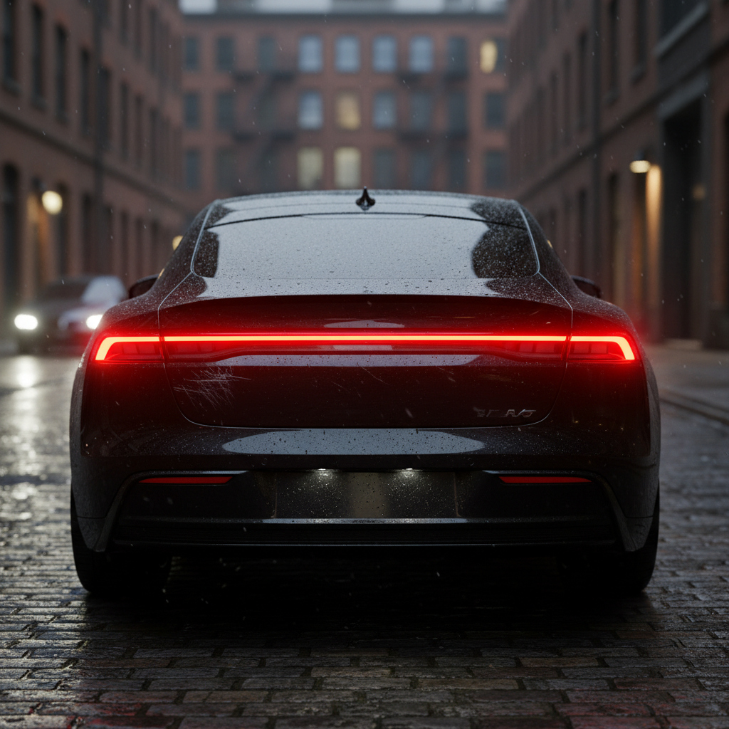 A cinematic shot of the rear of a modern car, parked in a slightly dim, atmospheric setting. One of the car's taillights is visibly covered in fine scratches and appears hazy, emitting a dull, scattered red light. The other taillight on the opposite side is pristine, clear, and glowing brightly with a sharp, focused red beam. The contrast highlights the aesthetic and safety difference. Professional photo, high dynamic range, soft bokeh background.