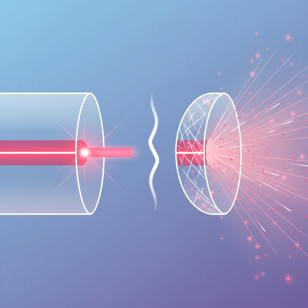 An abstract, cutaway diagram illustrating light passing through two different surfaces. On one side, a beam of red light passes through a smooth, clear plastic surface, emerging as a focused, strong beam. On the other side, the same red light beam passes through a plastic surface depicted with visible internal and surface scratches, causing the light to scatter, diffuse, and appear significantly weaker. Infographic style, clean lines, vibrant colors, illustrating the impact on visibility.