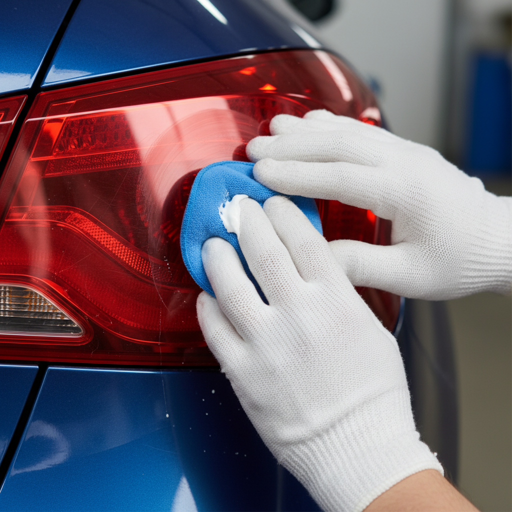 A close-up, action-oriented shot of a person's hands wearing clean work gloves, diligently polishing a car taillight. The hand holds a soft, microfiber applicator pad or cloth, applying a small amount of polish onto a section of the red taillight, which shows some visible dullness or fine scratches on the unpolished area. The polished section begins to show a clear, reflective surface. Focus on the detail of the polishing motion. High-quality professional photo.