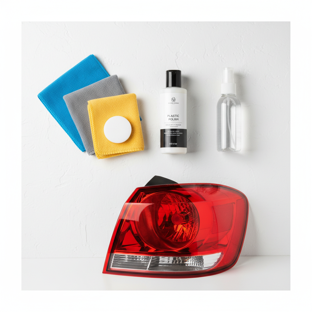 A clean, well-lit flat lay composition displaying essential tools and materials for taillight scratch removal. Items include a bottle of specialized plastic polish, several folded microfiber cloths in varying textures, a small foam applicator pad, and a small spray bottle of water. In the foreground, a perfectly clear, gleaming car taillight stands upright, representing the desired end result. Studio product photography style, bright, sharp focus, minimalist background.