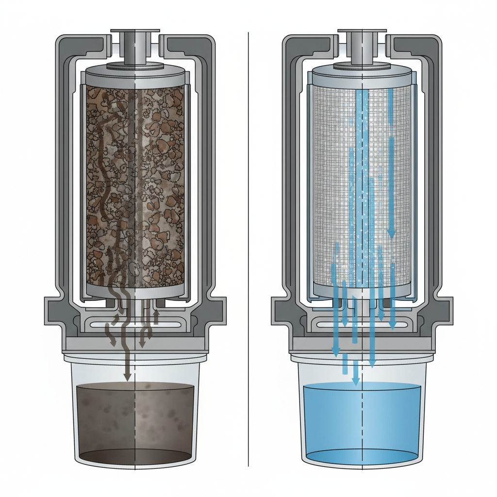 A detailed, clean technical diagram illustration. The image is split vertically. On the left side, a cross-section of a backwash filter (Rückspülfilter) shows its internal components heavily clogged with brown and grey sediment particles, with murky, slow-moving water flowing through. On the right side, the exact same cross-section of the filter is pristine and clean, with sparkling blue, fast-flowing water passing effortlessly through its clear filter medium. The contrast between clogged and clear should be striking, symbolizing efficient versus inefficient filtration. Modern, professional aesthetic.