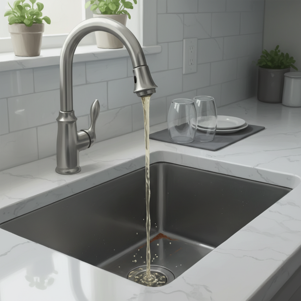 A photorealistic digital painting focusing on a household inconvenience. A close-up view of a sleek, modern kitchen faucet, from which only a weak, inconsistent trickle of slightly cloudy or yellowish water slowly emerges into a sink. The surrounding kitchen environment is clean but the water flow clearly indicates a problem. The mood should convey a sense of frustration due to poor water pressure and quality, subtly hinting at a struggling water system. The color palette is natural, with emphasis on the disappointing water stream.