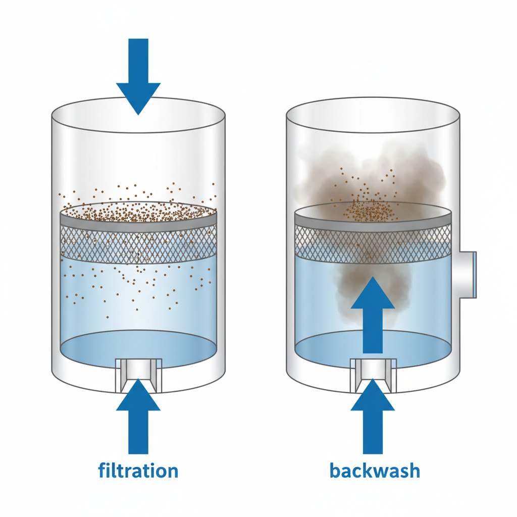 A professional 2D diagram illustrating the two main states of a backwash filter within a clean, technical context. On the left, show the 'filtration' mode: a transparent cross-section of a filter housing. Blue water enters from the top, flows downwards through a fine mesh filter element, exiting clear at the bottom. Small brown particles are depicted accumulating on the filter mesh. On the right, illustrate the 'backwash' mode: the same filter, but water (starting clear, becoming murky) flows upwards, dislodging the accumulated particles, which are flushed out through a side drain. Clear arrows indicate water flow direction in both phases. Simple, uncluttered background.