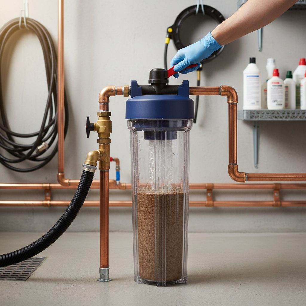 A realistic and well-lit photo of a modern backwash filter installed in a home utility room or basement. The filter is prominently featured, connected to clean copper or PVC plumbing pipes. A human hand, possibly gloved, is seen engaging with a valve or lever on the filter, indicating an active maintenance or cleaning action. The background should be clean and organized, suggesting a well-maintained home environment. The image conveys responsibility and the ease of routine care for essential home systems. Professional photo style, bright and inviting.