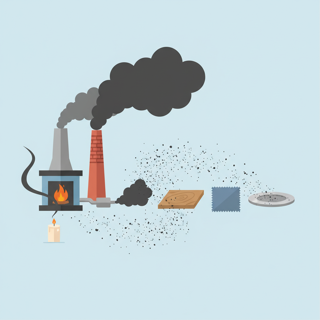 A clean, modern flat illustration in an infographic style, depicting various sources of soot generation. Show a stylized fireplace emitting smoke, a lit candle with a small trail of smoke, a car exhaust pipe, and a factory chimney in the background. From these sources, fine black soot particles are visibly drifting and settling onto different simplified surfaces like a piece of wood, a textile swatch, and a metal plate. The overall impression should be educational and visually explain the origins and spread of soot, using a clear, contrasting color palette with prominent black soot elements.
