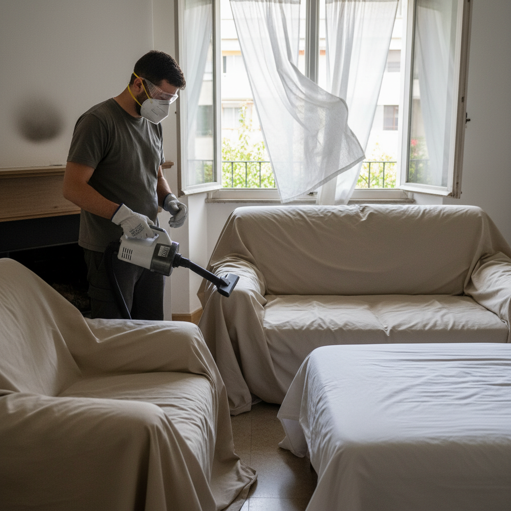 A professional photo from a slightly elevated angle, capturing a person diligently preparing for soot removal. The person is wearing essential safety gear: an FFP2 mask, protective gloves, and safety glasses. In the background, a window is visibly open, indicating ventilation, and furniture is neatly covered with drop cloths or old sheets. The individual holds a soft brush or a modern handheld HEPA vacuum, ready to begin cleaning, with a hint of a sooty stain on a nearby surface. The image should convey safety, preparedness, and a practical approach.