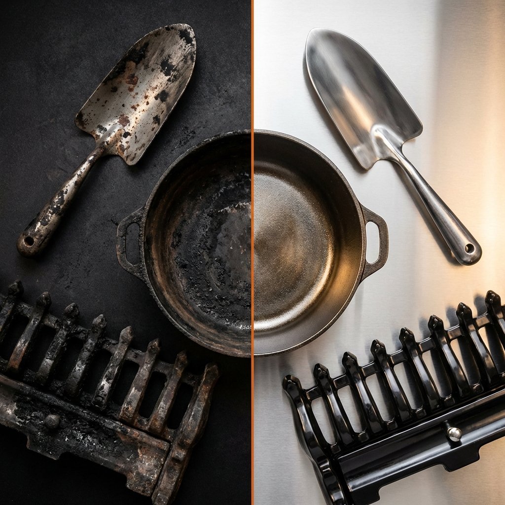 A vibrant, high-contrast visual showcasing the transformation of sooty metal. The left side features a collection of various metal items heavily encrusted with black, gritty soot, possibly showing signs of early corrosion: a tarnished garden tool, a dull cooking pot, and a section of a fireplace grate. The right side displays the identical items, but now gleaming, polished, and free of soot, reflecting light beautifully. The visual emphasizes the aesthetic restoration and protection against damage, with a clear dividing line or a smooth transition, highlighting the impact of soot removal. Professional product photography style with crisp details.
