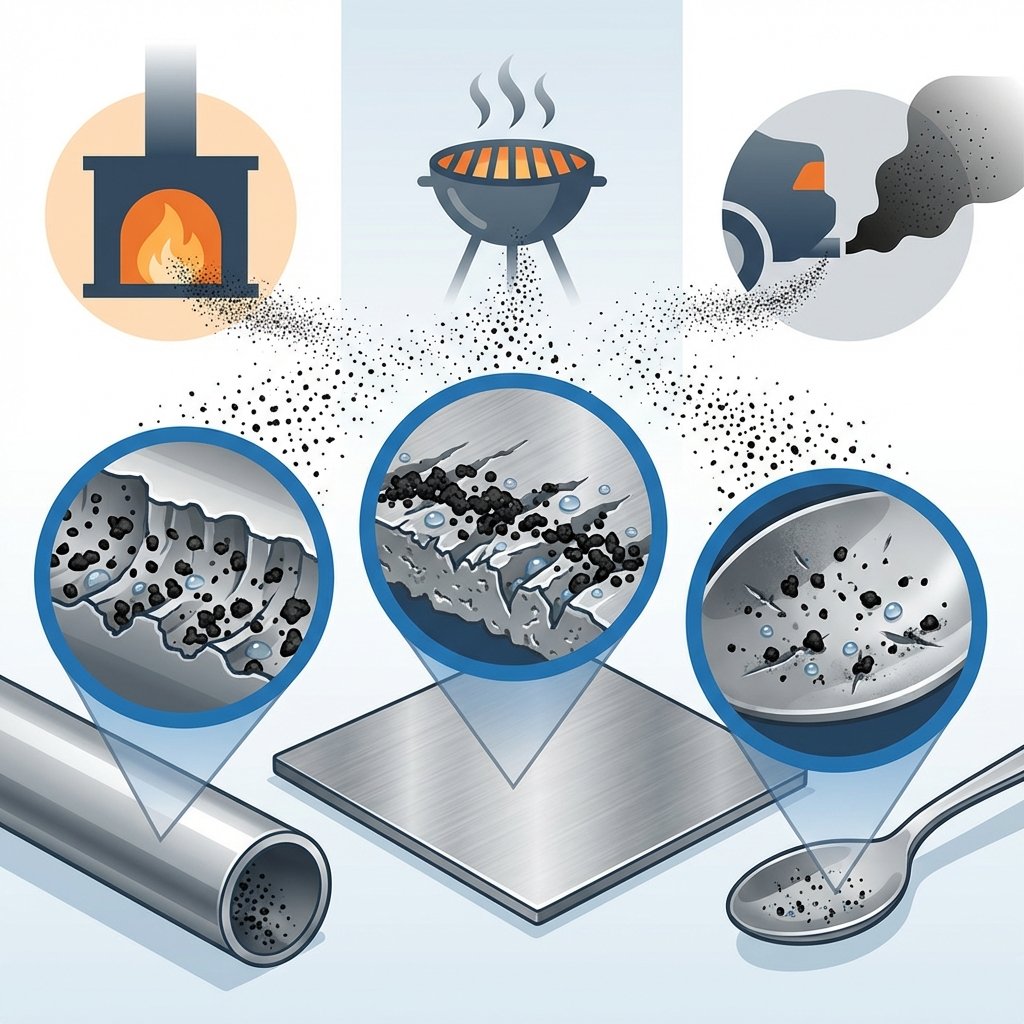 A stylized, clean infographic illustration depicting the origin and adhesion of soot on metal. In the background, abstract representations of soot sources like a burning fireplace, a smoking grill, and a vehicle exhaust emit fine black particles. These particles drift towards various metallic surfaces in the foreground – a section of a pipe, a flat metal sheet, and a small utensil. Magnified sections reveal how the tiny black soot particles settle into microscopic irregularities on the metal's surface, with a subtle hint of moisture aiding adhesion. The overall impression is clean, educational, and visually explains the problem.