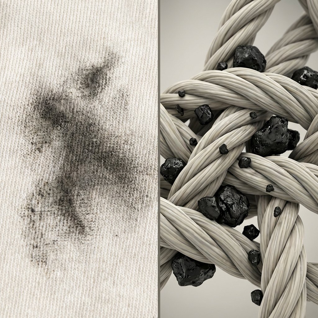 A detailed, close-up professional photo combined with a stylized scientific diagram. On one side, a piece of light-colored fabric (e.g., a white cotton shirt) with a clearly visible, irregular soot stain. The fabric texture should be discernible. On the other side, an extreme macro or microscopic illustration of the fabric fibers. Show the individual threads of the textile and numerous tiny, dark, irregular carbon particles deeply embedded and clinging to the fibers, some appearing slightly oily. This visualizes why soot is so hard to remove, showing its deep penetration into the textile structure.