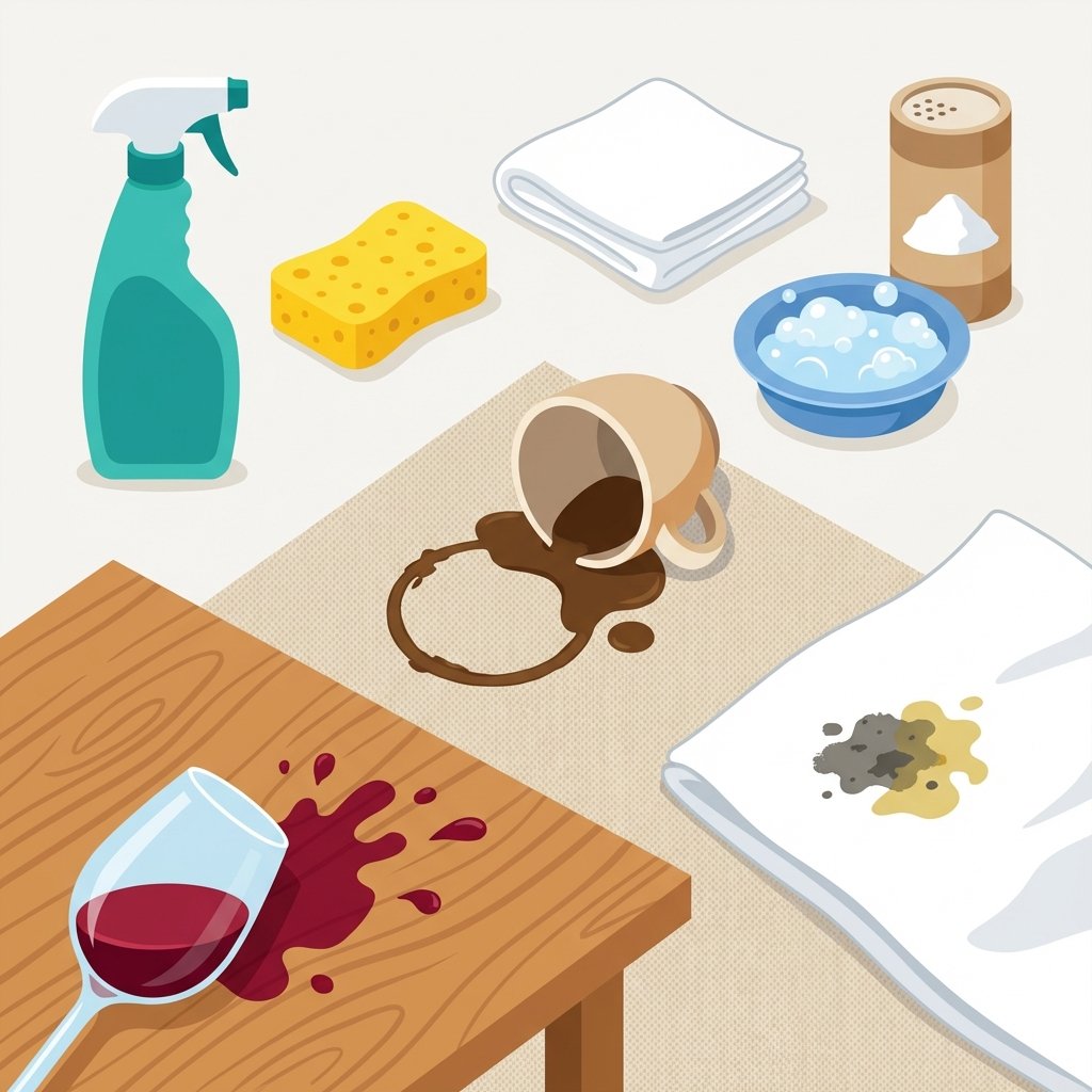A vibrant, flat illustration depicting a collection of common household stains and associated cleaning solutions. On a light background, show a spilled coffee cup creating a brown ring on a beige fabric, a splattered red wine glass on a wooden surface, and a small smudge of dirt or grease on a white textile. Around these, arrange stylized cleaning items: a spray bottle, a soft sponge, a white cleaning cloth, a small dish of soapy water, and a container of baking soda or salt, suggesting various cleaning approaches.