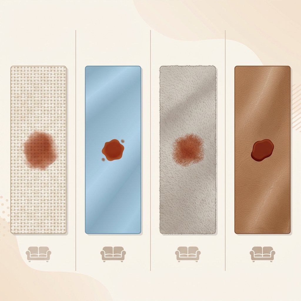 A clean, informative flat illustration depicting a comparison of various sofa upholstery materials, each with an identical rust stain. The illustration is divided into distinct sections, each presenting a different fabric type: woven cotton, smooth synthetic fabric, textured microfiber, and supple leather. Each fabric swatch should have a small, reddish-brown rust stain on it. The overall composition should be bright and inviting, conveying the importance of material identification for cleaning, without explicitly showing cleaning products or tools.