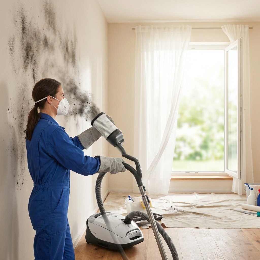 A bright, professional photo of a well-lit room in a home. A person, seen from the side or back, is wearing protective gloves and an FFP2-style mask, actively using a modern HEPA-filter vacuum cleaner to clean a wall or floor, effectively removing dark soot dust. In the background, a window is wide open, letting in bright daylight, symbolizing ventilation. The room should appear in the process of being cleaned, with a focus on the action and the protective measures. The overall mood is diligent and hopeful.