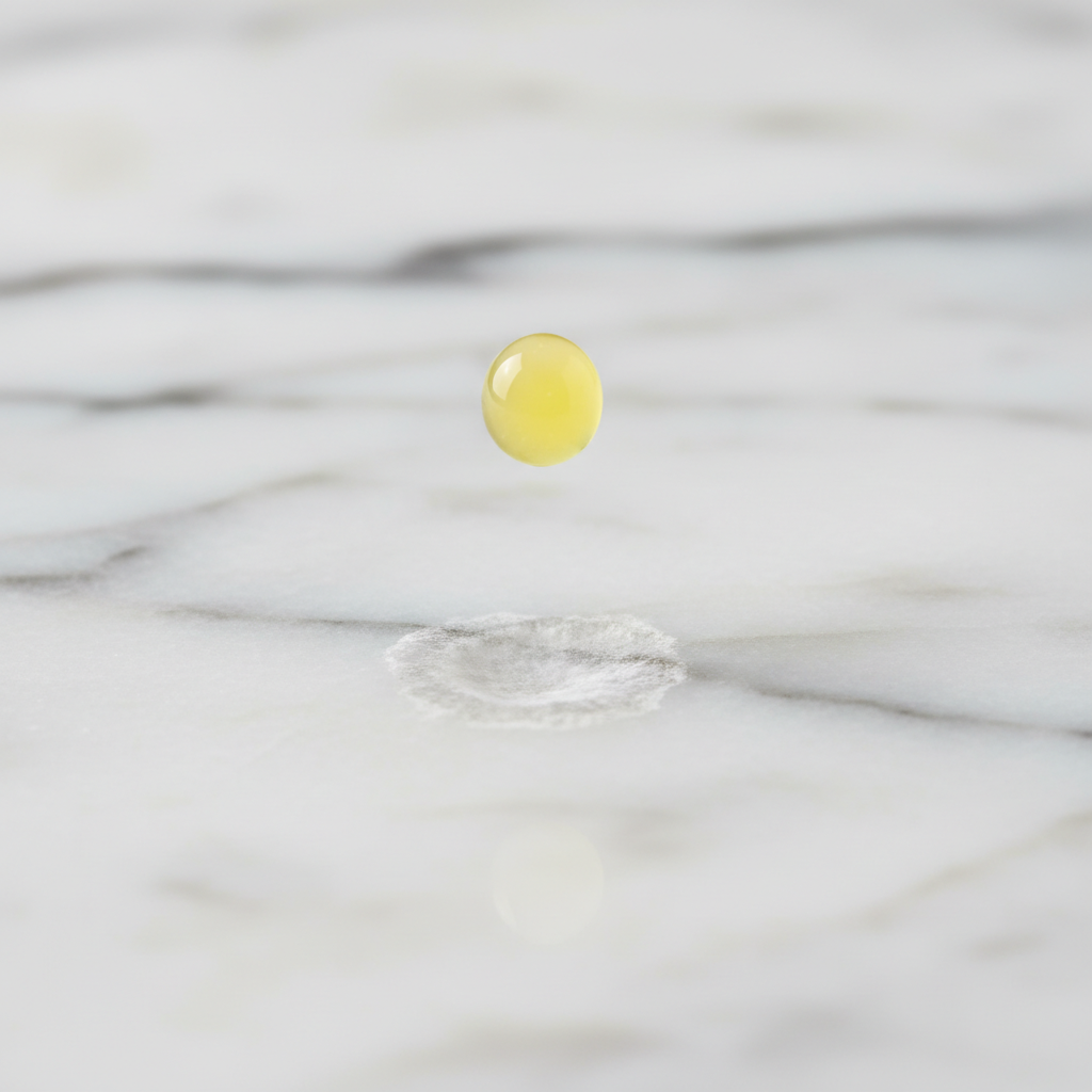 A macro, professional photo capturing the moment an acid stain forms on a luxurious natural stone surface, specifically polished marble. A single drop of bright yellow lemon juice is caught mid-air, just about to make contact, while a subtle, dull, and slightly etched circular mark is already visible on the otherwise pristine stone surface from a previous impact. The image should focus on the intricate details of the stone's texture and the visual contrast between the vibrant liquid and the immediate, subtle damage it causes, emphasizing the destructive impact of acids.