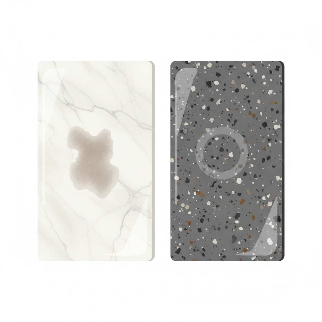 A clean, flat illustration depicting a visual comparison of two distinct natural stone surfaces. On the left, a polished slab of a light-colored, acid-sensitive natural stone (like marble or travertine) prominently displays a distinct, dull, and slightly textured acid stain, contrasting sharply with its surrounding smooth, reflective surface. On the right, a similar slab of a more acid-resistant natural stone (like granite or a dense quartz composite) shows no visible damage or only an extremely faint mark, illustrating its resilience to acidic contact.