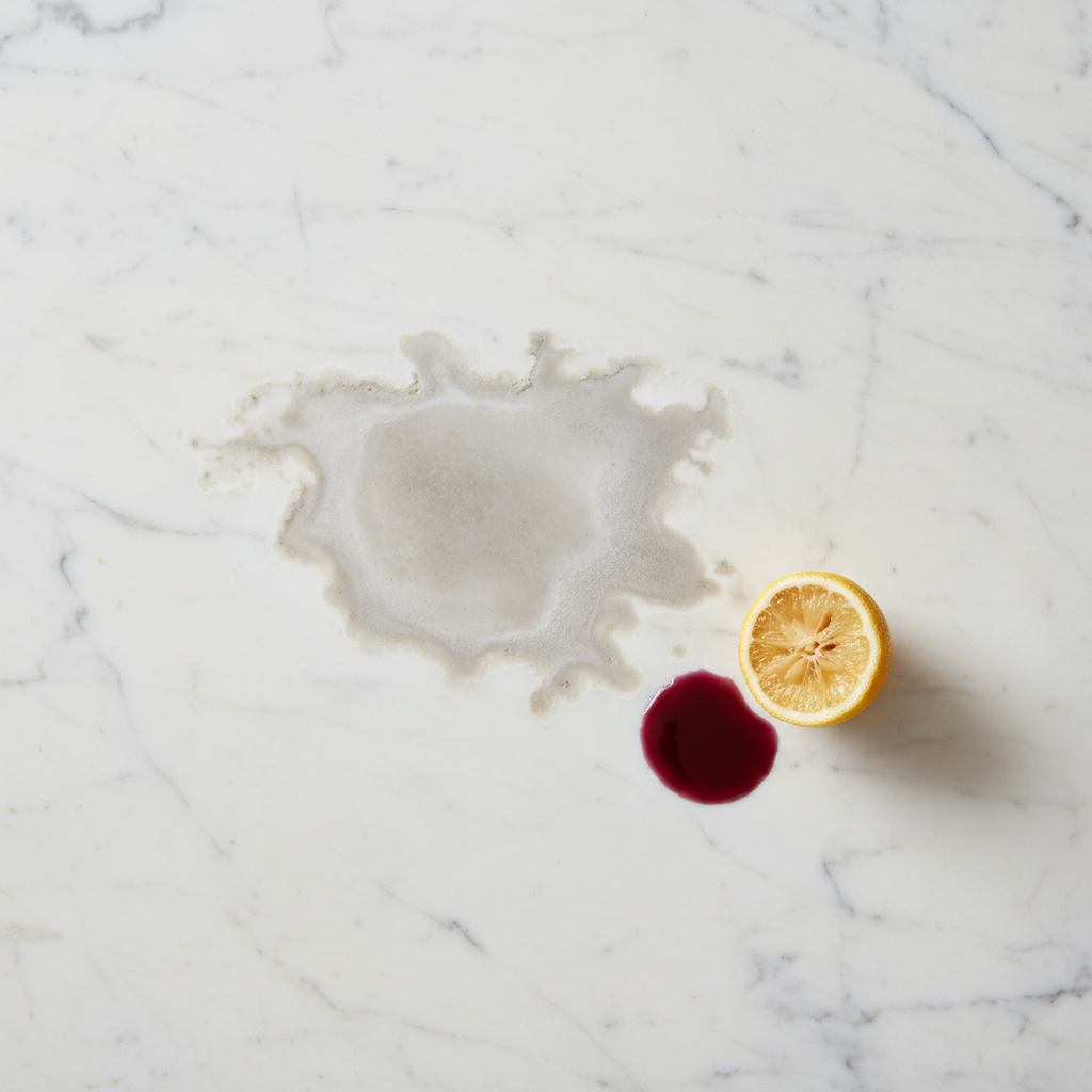 A close-up, high-angle professional photo of a luxurious, light-colored polished marble countertop. A distinct, matte, and slightly darkened acid stain is prominently visible, appearing as an irregular splash mark or an etched ring. Adjacent to the stain, a half-eaten lemon slice or a spilled drop of red wine creates context for the acid's origin, but the main focus is on the visibly damaged stone surface, showcasing the etching and loss of sheen. The lighting highlights the contrast between the polished stone and the dull, etched area.