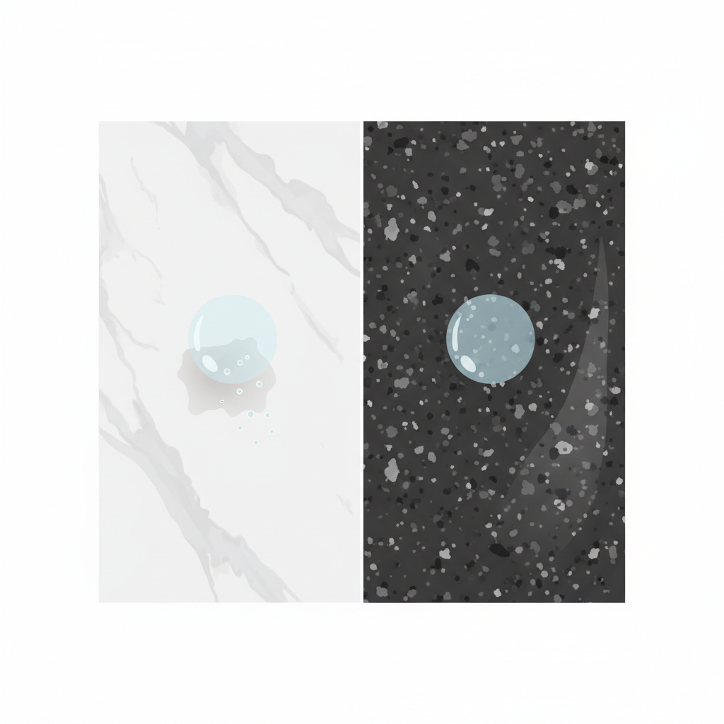 A clear, diagrammatic flat illustration depicting two different natural stone surfaces reacting to an acidic substance. On the left side, a section of light-colored, patterned calcareous stone (like marble) shows a visible liquid droplet causing a subtle chemical reaction, indicated by small, subtle bubbles or a slightly dulled, etched area directly beneath the drop. On the right side, a contrasting dark-speckled silicate stone (like granite) has an identical liquid droplet, but shows absolutely no visible reaction, maintaining its original smooth, resistant surface. The illustration clearly differentiates the stone types and their distinct responses.