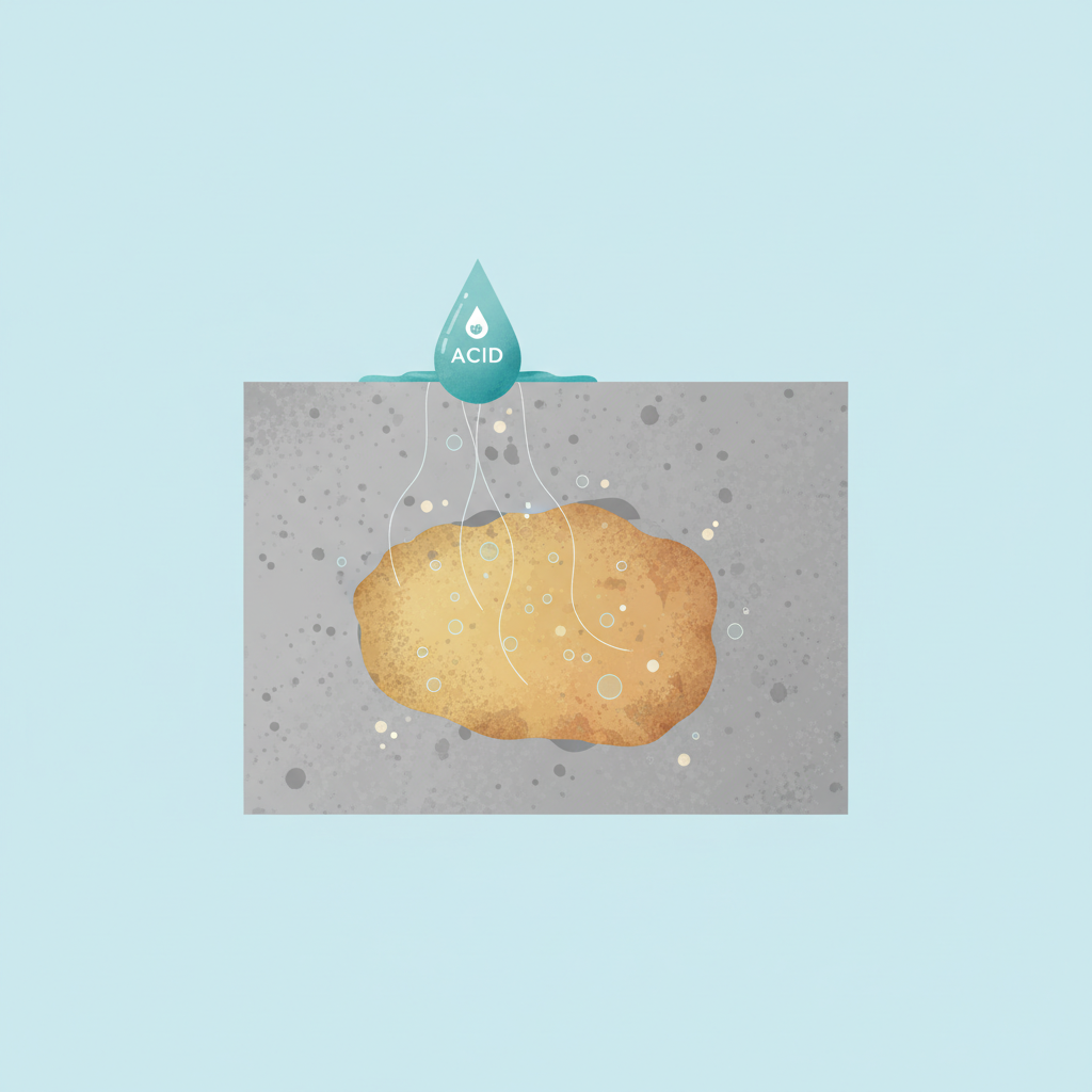 A vibrant, conceptual flat illustration depicting a close-up cross-section of a concrete slab. On the surface, a stylized droplet of acid is shown interacting with the concrete. From the point of contact, subtle lines and bubbles emanate downwards into the porous structure of the concrete, symbolizing the chemical reaction with calcium hydroxide. The affected area of the concrete should show a distinct color change or erosion, indicating damage and discoloration. The background should be clean and simple, highlighting the interaction. The overall mood should be informative and clear, suitable for explaining the science behind the problem.
