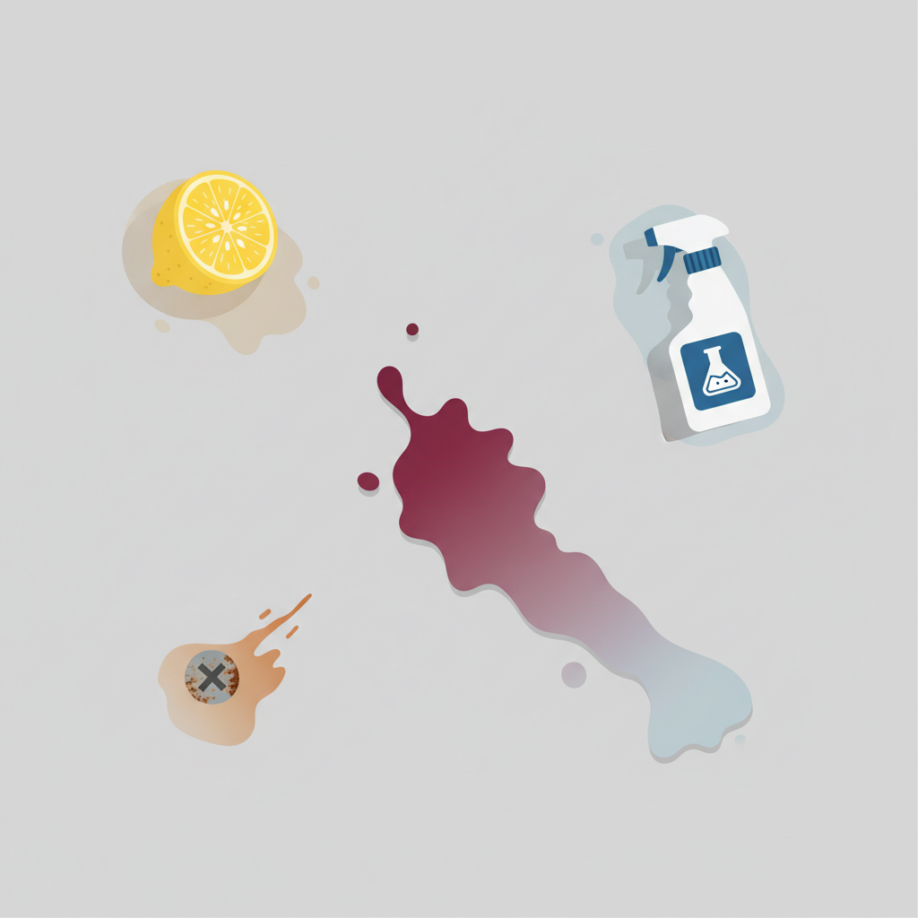 A clean and modern flat illustration showcasing a top-down view of a light grey concrete surface. Scattered across the surface are various everyday objects that commonly cause acid stains. These objects include a cut lemon half, a spilled splash of red wine, a spray bottle with a generic cleaning product icon, and a small area showing rust bleeding onto the concrete. Each object should be distinct, and a subtle, darker stain should emanate from where it touches the concrete, visually representing the acid damage. The composition should be balanced and aesthetically pleasing, clearly illustrating the common culprits of acid damage.