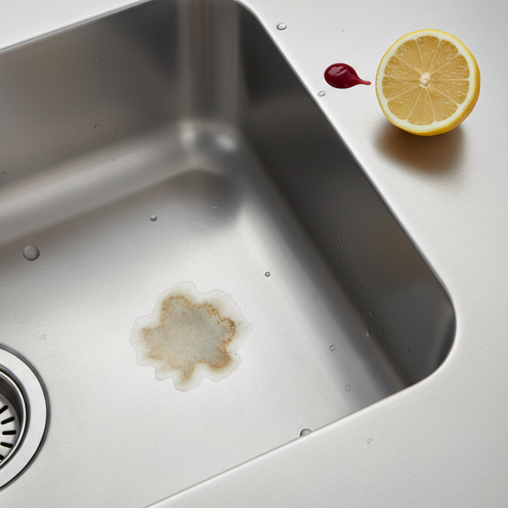 A professional, clean photo of a modern stainless steel kitchen countertop or sink. On the gleaming surface, a subtle, slightly discolored acid stain is visible. Nearby, a cut lemon half and a small splash of red liquid (like tomato sauce or berry juice) are present, hinting at common causes. The overall image conveys a sense of everyday kitchen use leading to this specific type of damage, without appearing messy or neglected. Focus on the contrast between the shiny steel and the small, problematic stain.