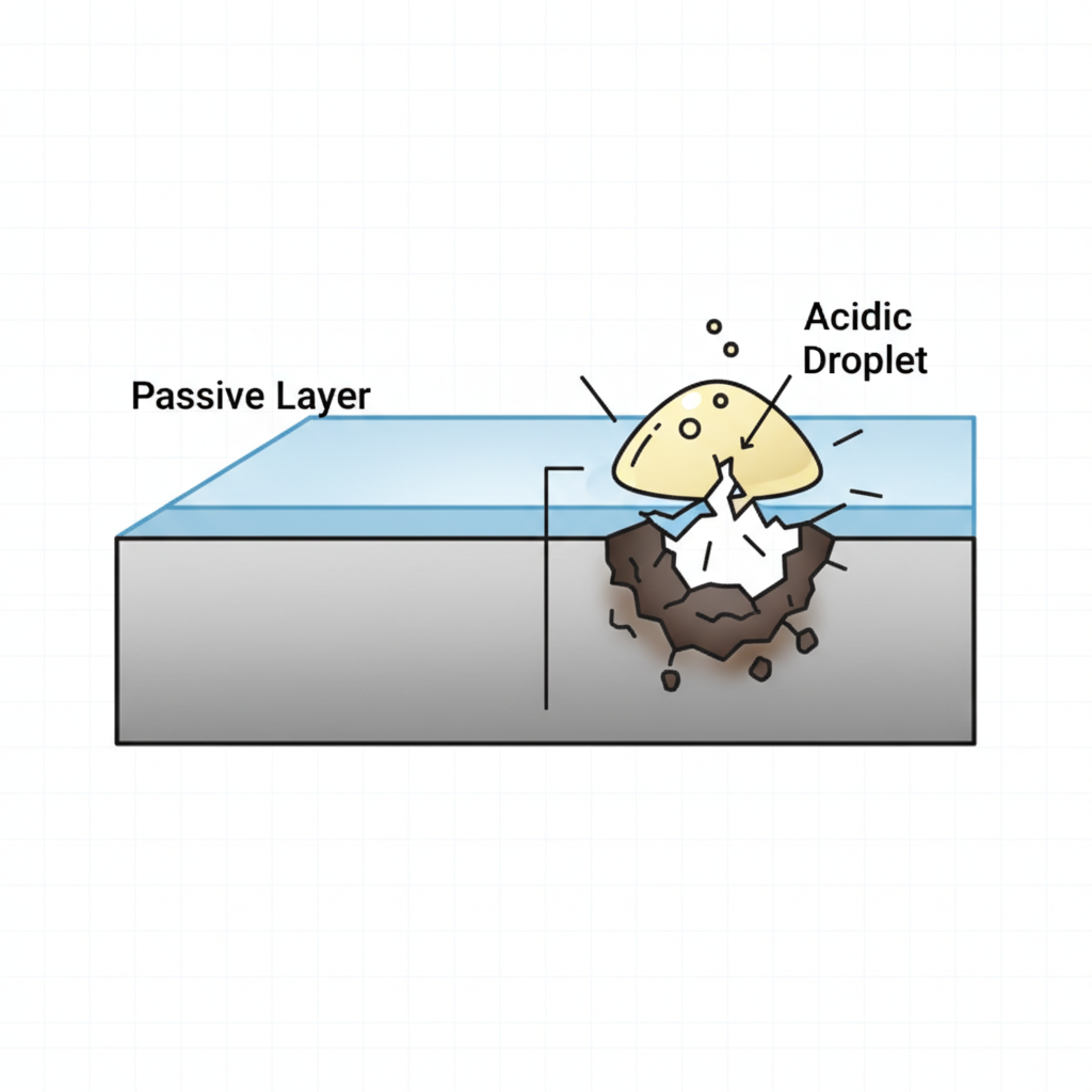 A highly detailed, infographic-style illustration depicting a magnified cross-section of a stainless steel surface. On one side, show the intact, smooth grey steel base material with a thin, transparent or light blue protective 'passive layer' perfectly covering it. On the other side, visualize an acidic liquid droplet actively penetrating and eroding this protective layer, creating a small, discolored or slightly pitted area directly beneath it. The illustration should clearly communicate the concept of the protective layer being compromised by acid, using clean lines and distinct visual elements.