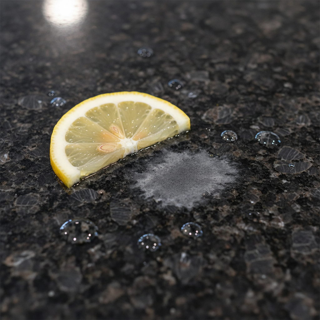 A highly detailed, professional macro photo capturing a close-up of a dark, polished granite countertop. A single lemon slice and a few drops of lemon juice are visible on the surface. Around the area where the acid has made contact, a distinct, dull, and slightly rough patch contrasts sharply with the surrounding glossy, reflective granite. The etched area appears subtly lighter and less reflective, visually representing the chemical damage caused by the acid. The focus is entirely on the textural and reflective difference.