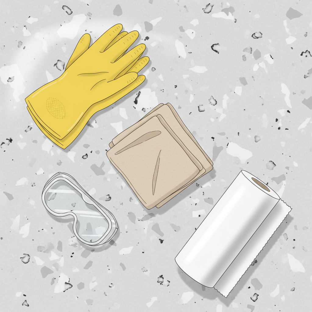 A top-down, clean flat lay illustration showcasing the essential tools and materials for granite stain removal. Neatly arranged on a light granite background are a pair of protective yellow rubber gloves, clear safety goggles, several folded soft microfiber cloths in a neutral color, and a roll of white paper towels. The composition should be organized and suggest preparedness. The items are depicted clearly and distinctly, emphasizing their purpose without any branding or text.