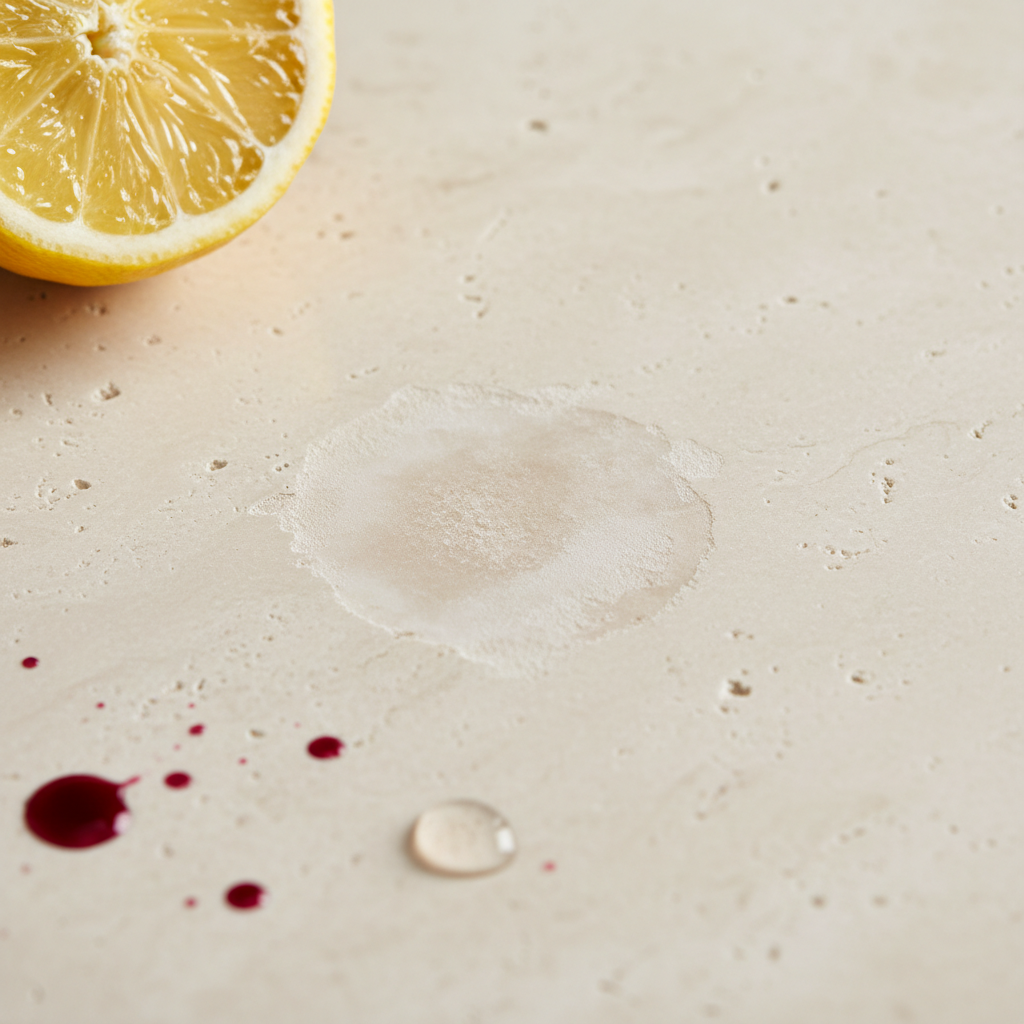 A close-up, high-definition professional photo of a polished natural stone surface, possibly light-colored marble or travertine, showing a distinct, dull, and etched acid stain. The stain appears as a lighter, matte patch contrasting with the surrounding glossy, reflective stone. The texture of the damaged area is subtly visible. In the immediate vicinity, slightly out of focus but recognizable, are common culprits like a sliced lemon and a small splash of red wine or a drop of vinegar on the surface, emphasizing the source of the damage. The focus is purely on the visual effect of the acid on the stone.