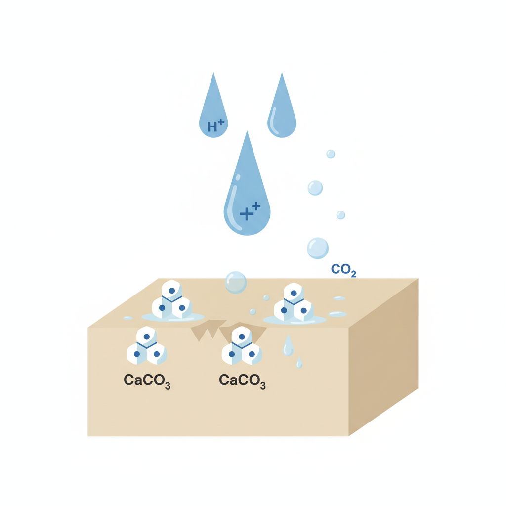 A clean, conceptual flat illustration depicting the chemical reaction of acid on natural stone. The illustration shows a simplified cross-section of a light-colored natural stone block, with stylized calcium carbonate (CaCO₃) molecules visible on its surface layer. Above the stone, stylized acid droplets (representing H⁺ ions) descend and interact with the surface molecules. A subtle visual effect shows the stone surface slightly corroding or dissolving at the point of contact, with tiny bubbles (representing CO₂) rising and small water droplets forming, illustrating the dissolution process. The style is clear and infographic-like, using a limited color palette.