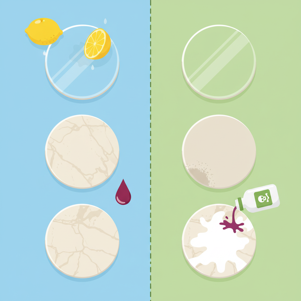 A flat illustration depicting the causes and effects of acid stains on different tile types. On the left side, various acidic elements such as a sliced lemon, a droplet of red wine, and a generic bottle of an acidic cleaner are shown interacting with different tile samples: a shiny glazed ceramic tile, a matte unglazed ceramic tile, and a textured natural marble tile. The right side of the illustration shows the distinct damage on each tile, with the glazed tile showing minimal impact, the unglazed tile displaying a dull, etched spot, and the marble tile exhibiting a significant, cloudy, discolored acid burn. The style is clean, modern, and infographic-like, utilizing a vibrant color palette to highlight each element.