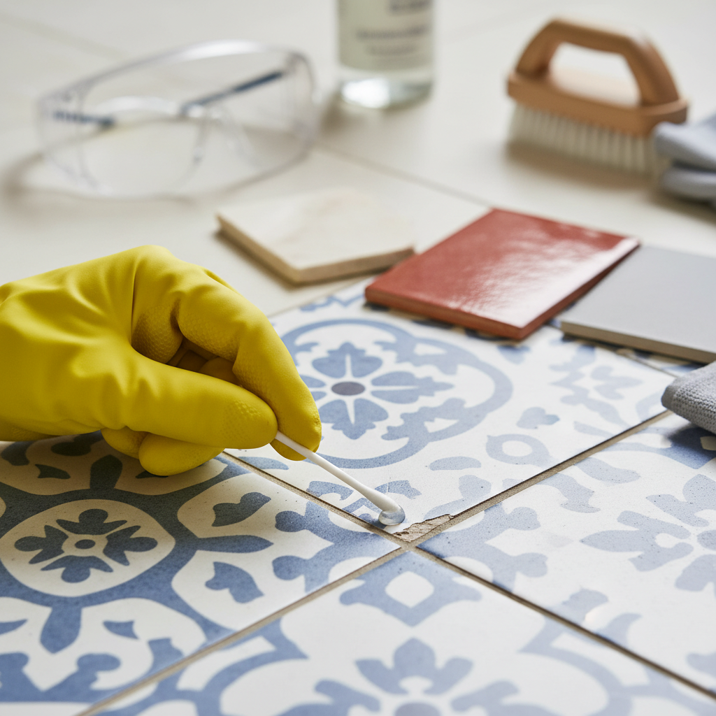 A close-up, professional photo illustrating the essential preparation steps before tackling acid stains. The main focus is on a hand wearing bright yellow rubber gloves, carefully applying a tiny amount of a clear cleaning solution to an inconspicuous corner of a patterned floor tile using a cotton swab, demonstrating the importance of testing. In the softly blurred background, a pair of safety glasses, different tile samples (e.g., a piece of ceramic, a piece of marble), and a gentle scrubbing brush are visible, subtly suggesting identification of tile type and safety precautions. The lighting is bright and even, conveying a practical, instructive tone.