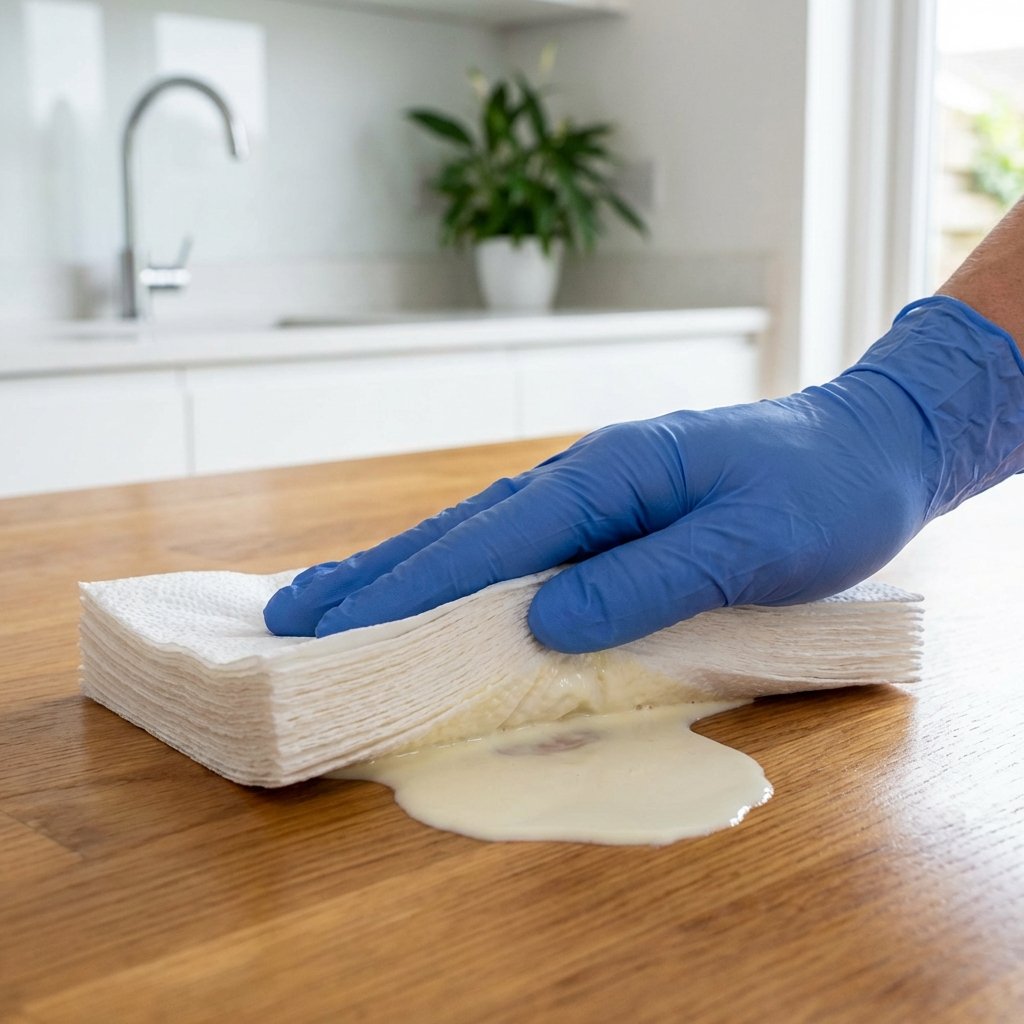 A dynamic, eye-level professional photo capturing the immediate action of cleaning up spilled cream. A hand, possibly gloved, is gently dabbing a glistening puddle of cream on a modern kitchen countertop or a sleek wooden floor using a stack of white paper towels. The cream is visibly absorbing into the paper, without spreading. The background is slightly blurred, hinting at a clean, organized kitchen environment. The overall impression should be one of quick, effective problem-solving and preventing the mess from spreading.