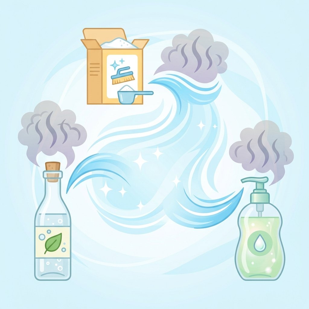 A vibrant, flat illustration in an infographic style, depicting an array of natural cleaning agents effectively neutralizing odors. In the center, a subtle, clean visual representation of a 'fresh' area, perhaps a sparkling, pristine surface or a gentle, abstract swirl indicating fresh air. Surrounding this are stylized icons of a bottle of vinegar, a box of baking soda, and a bottle of mild dish soap. The color palette should be bright and clean, emphasizing eco-friendly solutions and freshness.