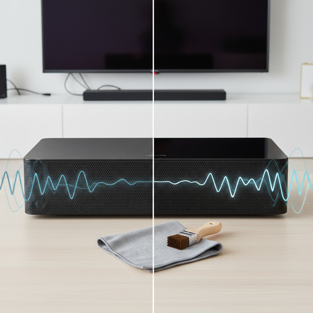 A professional photo depicting a modern, black Samsung soundbar. The image is split, showcasing a 'before and after' effect. On the left, the soundbar is visibly covered in a fine layer of dust, with a subtle visual representation of muffled, distorted sound waves emanating from its grilles, depicted as faint, broken lines. On the right, the identical soundbar is sparkling clean and polished, with clear, vibrant sound waves flowing smoothly, symbolizing excellent audio quality. In the foreground, a soft microfiber cloth and a small, delicate brush are neatly placed, suggesting the tools for this transformation.