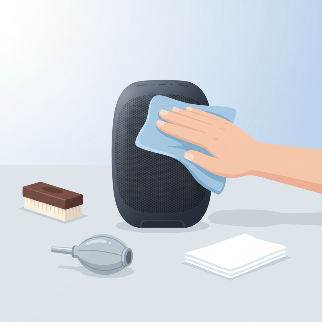 A bright and clean flat illustration showing a hand gently cleaning a sleek, modern Samsung portable Bluetooth speaker. The hand uses a soft microfiber cloth to wipe the speaker's grille and body. Surrounding the speaker and hand are other essential cleaning tools, neatly arranged: a small, soft-bristled brush, a tiny, pointed nozzle (for a small vacuum or blower), and a clean, lint-free cloth. The overall aesthetic is minimalist, focusing on the careful, precise nature of the cleaning process, emphasizing hygiene and maintenance.