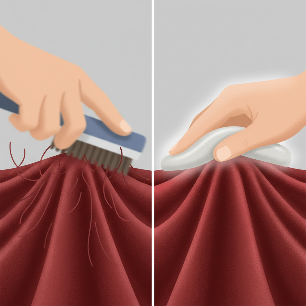 A highly detailed, close-up macro illustration of a rich velvet fabric. The image is visually split, comparing two cleaning approaches. On the left side, aggressive scrubbing is depicted by a blurred, forceful hand action using a rough tool, resulting in flattened, matted, and slightly damaged velvet fibers, losing their characteristic sheen. On the right side, a gentle dabbing motion, perhaps with a soft, clean cloth, is shown, preserving the upright, plush, and lustrous texture of the velvet flor. The illustration highlights the critical difference between damaging friction and careful cleaning. Use a modern flat illustration style, emphasizing texture and process.