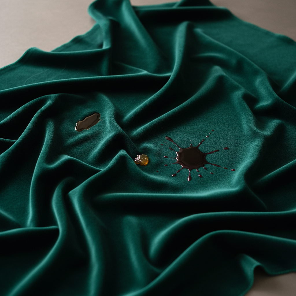 A professional, artful photo capturing a luxurious, draped piece of deep emerald green velvet fabric. The fabric exhibits a soft, inviting sheen and elegant folds. Scattered subtly across its surface are a few common, fresh stains: a small, dark coffee spill, a vibrant red wine splash, and a small, slightly sticky, amber-colored resin-like spot. The overall composition should evoke a sense of elegance momentarily interrupted by these everyday mishaps, subtly suggesting the need for careful restoration. The lighting should be soft, highlighting the plush texture of the velvet and the distinct appearance of each stain, without being overly dramatic.