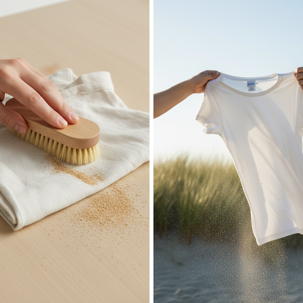 A professional, bright overhead shot or a clean flat illustration depicting the initial steps of sand removal from clothing. On one side, a hand holding a soft brush (like a clothes brush or a gentle toothbrush) is carefully brushing fine sand particles off a crumpled piece of light-colored fabric (e.g., a t-shirt or shorts) on a clean, light surface. On the other side, the same piece of clothing is being held by two hands, vigorously shaken outdoors, with a subtle motion blur indicating movement, and tiny sand particles visibly flying off. The overall mood is practical and effective, showcasing a simple, clean process.