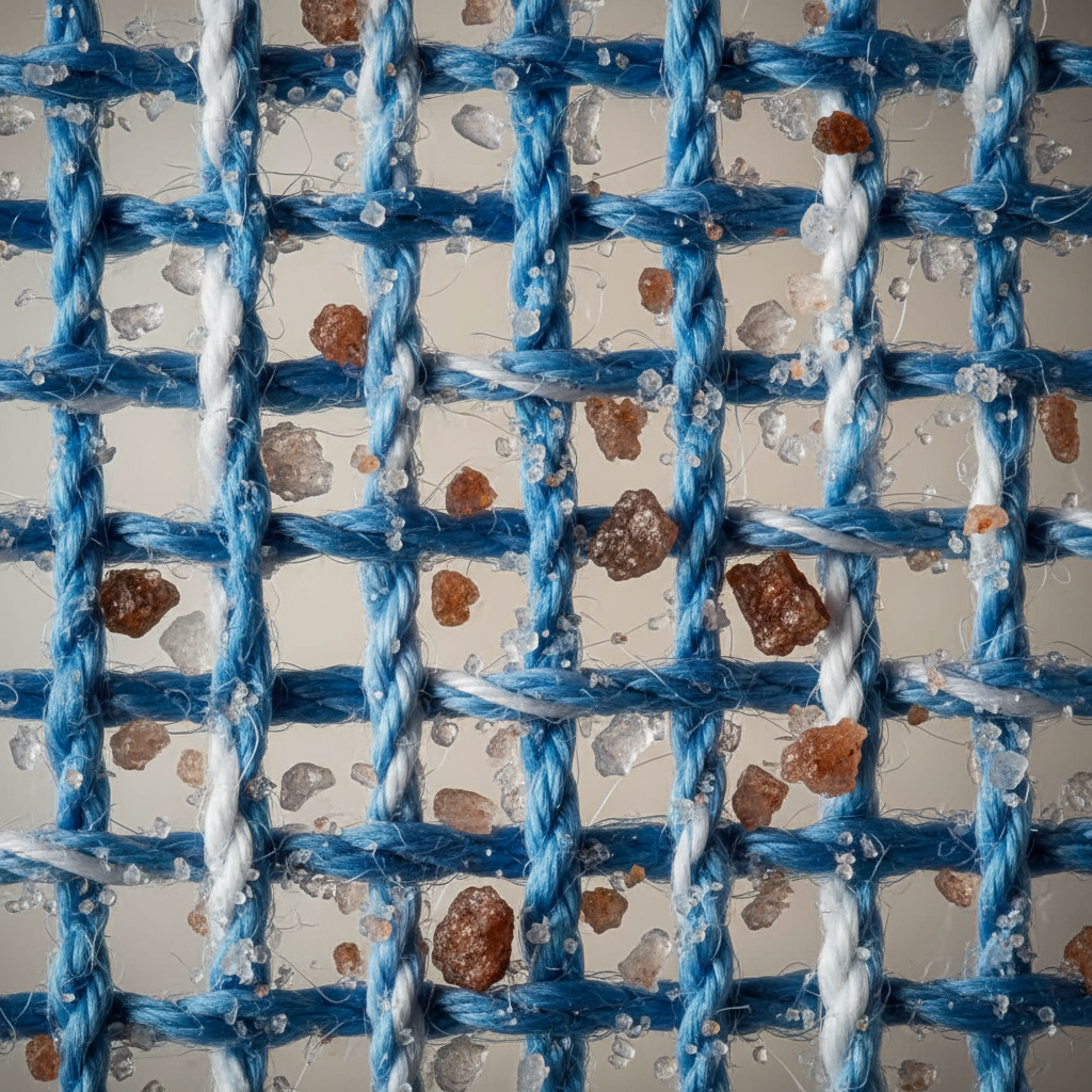A detailed, infographic-style illustration or a macro photography concept showing the microscopic interaction of sand with fabric fibers. The image should feature a close-up cross-section of woven fabric, with individual threads clearly visible. Tiny, sharp-edged sand grains (some finer, some slightly coarser) are depicted deeply embedded within and between the fabric fibers, suggesting their abrasive nature. Some fibers might show slight fraying or wear where sand is present. The background is clean and neutral, emphasizing the intricate detail of the sand's penetration into the textile structure. The focus is on the hidden problem of embedded sand.