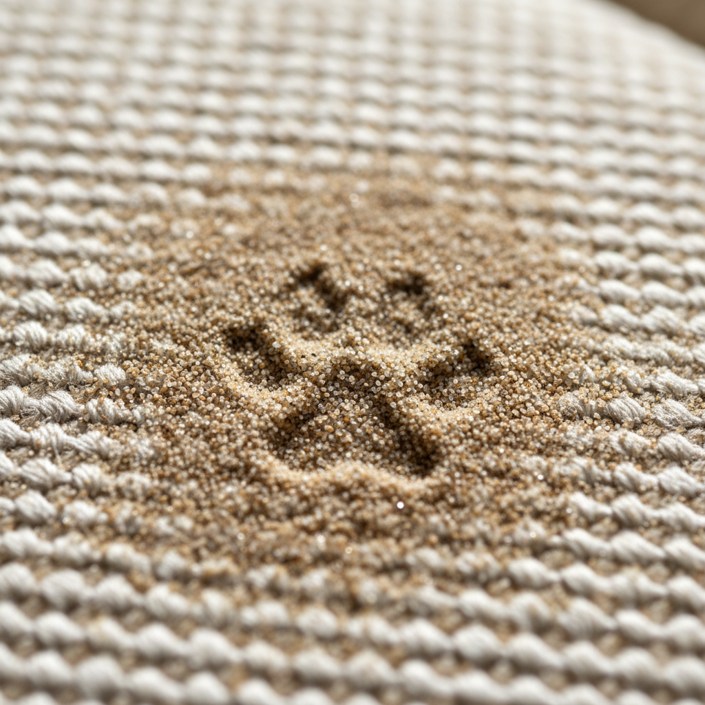 A detailed close-up (macro shot) of fine sand particles visibly embedded deep within the fibers of a woven, light-colored carpet or a sofa upholstery fabric. The sand creates a noticeable, slightly discolored patch. A faint, partial footprint from a shoe or a small paw print is subtly visible in the sandy area, indicating its source. The lighting is natural and bright, emphasizing the texture of both the fabric and the gritty sand. The overall impression should convey the challenge and grittiness of sand stains. Professional photo realism with a high level of detail.