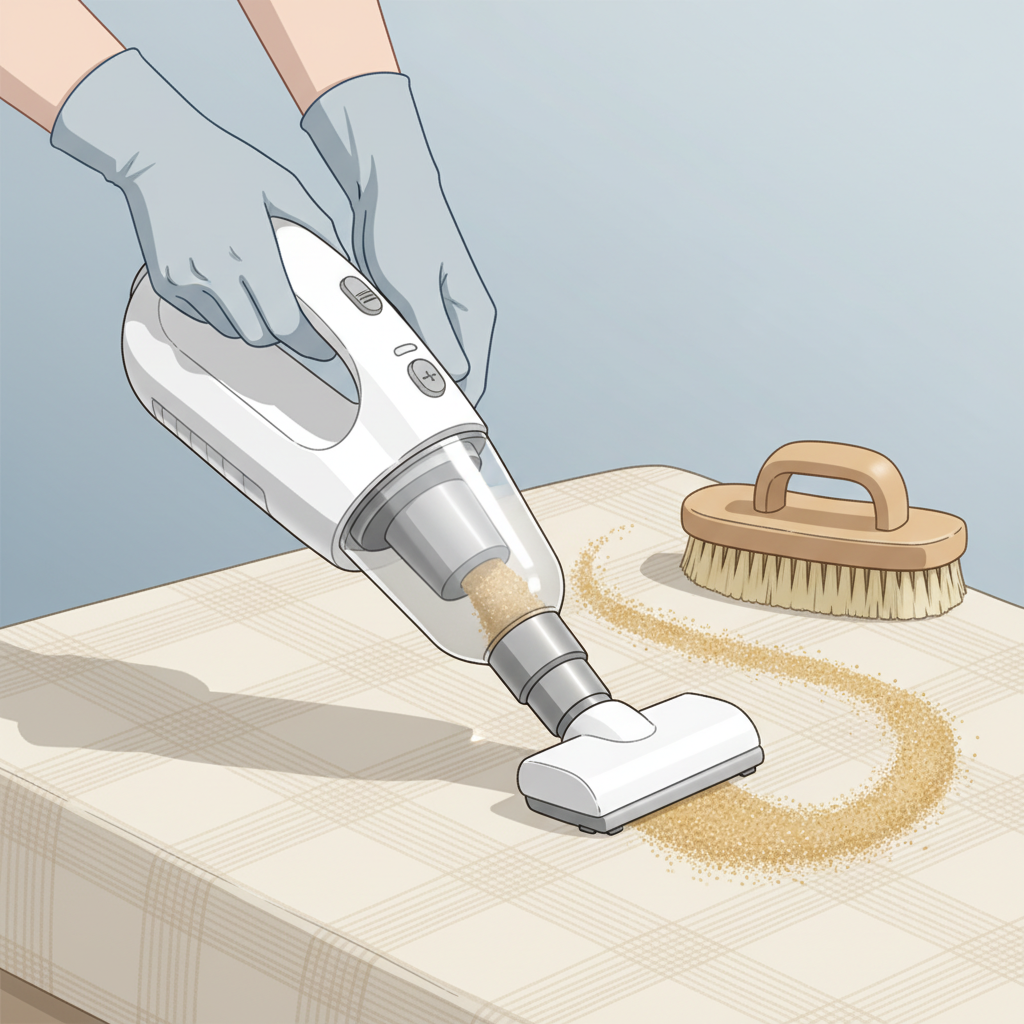 A clean, bright illustration depicting the initial step of sand removal. A person's hands, wearing light gloves, are shown holding a modern, sleek handheld vacuum cleaner, carefully suctioning up loose sand from a textured, light-colored carpet or upholstered cushion. Some visible sand particles are actively being pulled into the vacuum nozzle, illustrating the suction power. In the background, slightly out of focus, a stiff-bristled brush rests on the surface, suggesting preparatory steps. The overall style is a flat, clean vector illustration with soft shadows and a professional, approachable feel, emphasizing effective cleaning.
