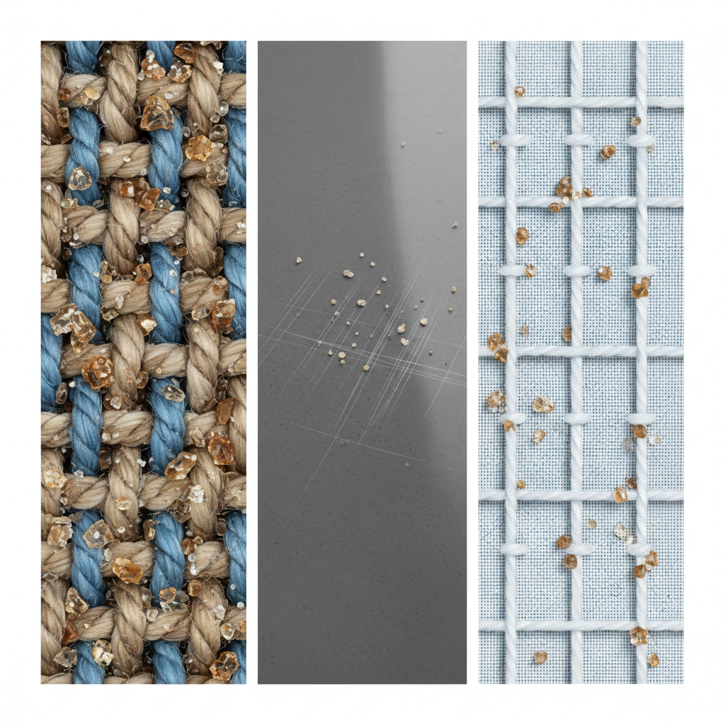 A highly detailed macro illustration showing a cross-section view of various household surfaces. On one side, rough, granular sand grains are deeply embedded within the intricate fibers of a woven carpet or upholstery fabric. Next to it, tiny sand particles are depicted scratching the sleek surface of a dark hard floor, like laminate or tile, creating faint lines. A third section reveals sand caught firmly between the threads of a piece of clothing. The illustration should visually emphasize the tenacity of sand particles sticking to different textures and materials. Style: Detailed, clean, modern scientific illustration with an emphasis on texture and depth.