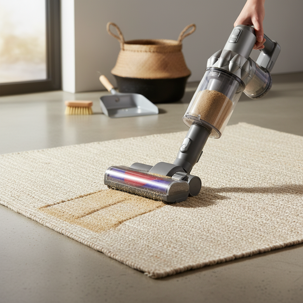 A bright, clean domestic setting illustrating the initial step of sand removal. A person's hands are shown holding a modern vacuum cleaner with a brush or upholstery attachment, actively and effectively lifting loose sand from a textured surface, such as a light-colored rug or a car floor mat. The movement of the vacuum clearly shows sand particles being drawn up. In the background, a small hand brush and a dustpan are subtly visible, hinting at complementary tools. The overall impression should be one of focused, efficient cleaning and the successful removal of surface sand. Style: Professional, clean photographic style with soft natural lighting and a slightly elevated perspective.