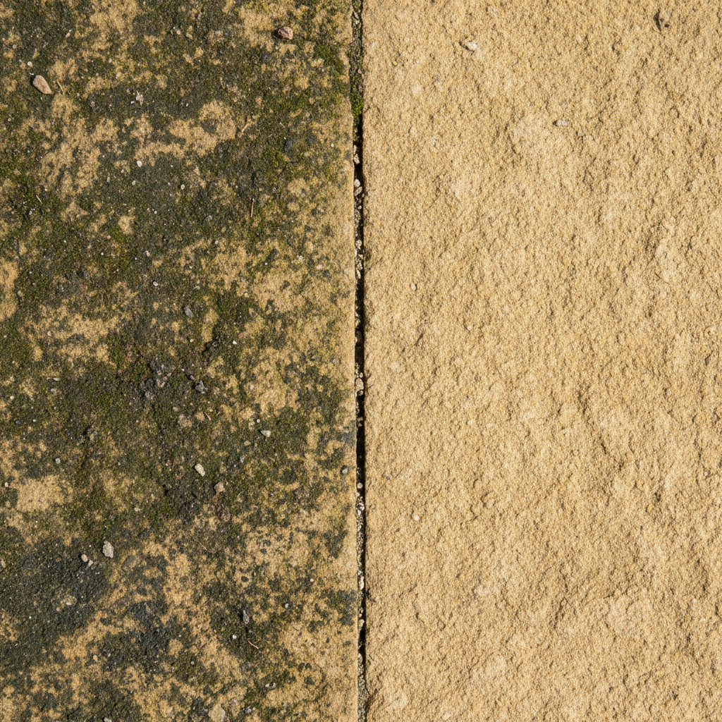 A high-quality, professional photograph of a sandstone surface, clearly divided into two distinct halves. The left half shows an uncleaned section, heavily covered with patches of green moss, dark grime, and visible dirt stains, making the stone appear dull and discolored. The right half displays the same sandstone, meticulously cleaned, revealing its natural warm, sandy tones and distinct texture, sparkling brilliantly. A subtle line separates the before and after, emphasizing the dramatic transformation from dirty to radiant. The lighting is bright and natural, highlighting the contrast.