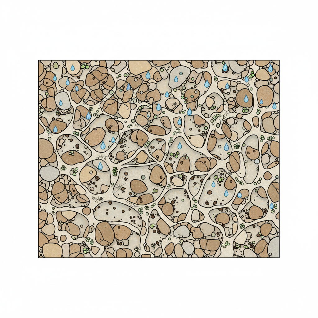 A detailed, scientific illustration depicting a magnified cross-section of porous sandstone. The illustration should clearly show the granular structure of the stone with visible inter-connected pores. Within these pores, depict small dark particles representing trapped dirt and some greenish organic matter like algae spores. Illustrate the concept of water ingress by showing tiny blue water droplets penetrating into the porous network from the surface, subtly hinting at potential internal damage like micro-cracks forming from moisture. The style should be clean and informative, akin to a scientific diagram but purely visual.