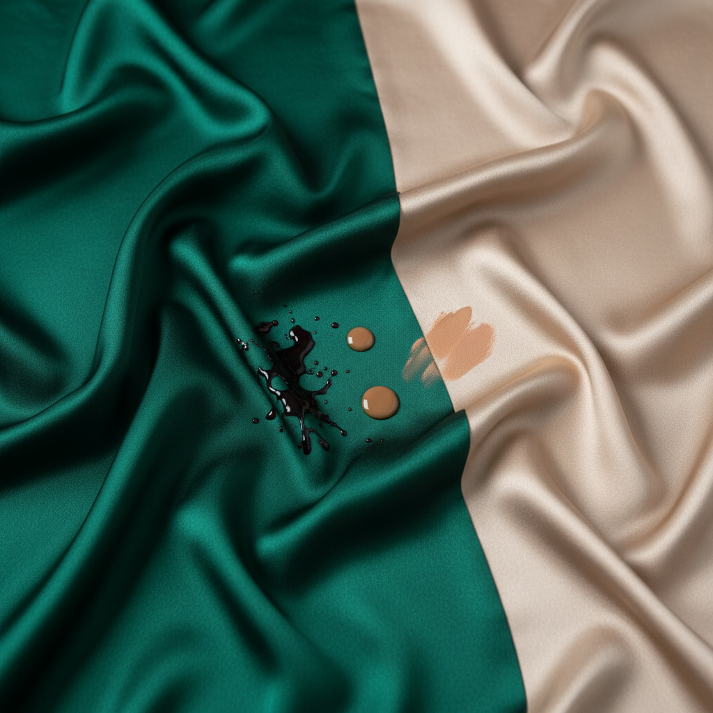 A high-resolution, professional studio photograph of a luxurious, flowing satin fabric in a rich, deep emerald green or soft champagne color. The fabric drapes elegantly, showcasing its characteristic sheen and smooth texture. Artfully scattered across a visible section of the satin are small, distinct stains: a crimson red wine splash, a subtle brown coffee droplet, and a faint smudged makeup mark. The focus is sharp on the stained area, with the surrounding fabric gently blurred, conveying the delicate beauty marred by common blemishes.