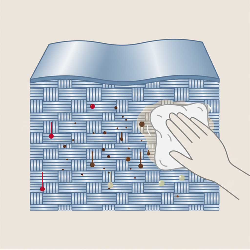 A clear, flat illustration in an infographic style, depicting a cross-section of satin fabric at a magnified level. Show the dense, interwoven structure of the threads, highlighting the smooth, glossy surface and how the fibers are tightly packed. Illustrate various colored liquid particles (e.g., small red globules for wine, brown dots for coffee, translucent oily specks for grease) actively penetrating and settling deep within the fabric's weave, not just on the surface. Include a subtle icon of a delicate hand carefully dabbing the fabric with a soft cloth, emphasizing gentle, targeted cleaning. The overall palette is clean and professional.