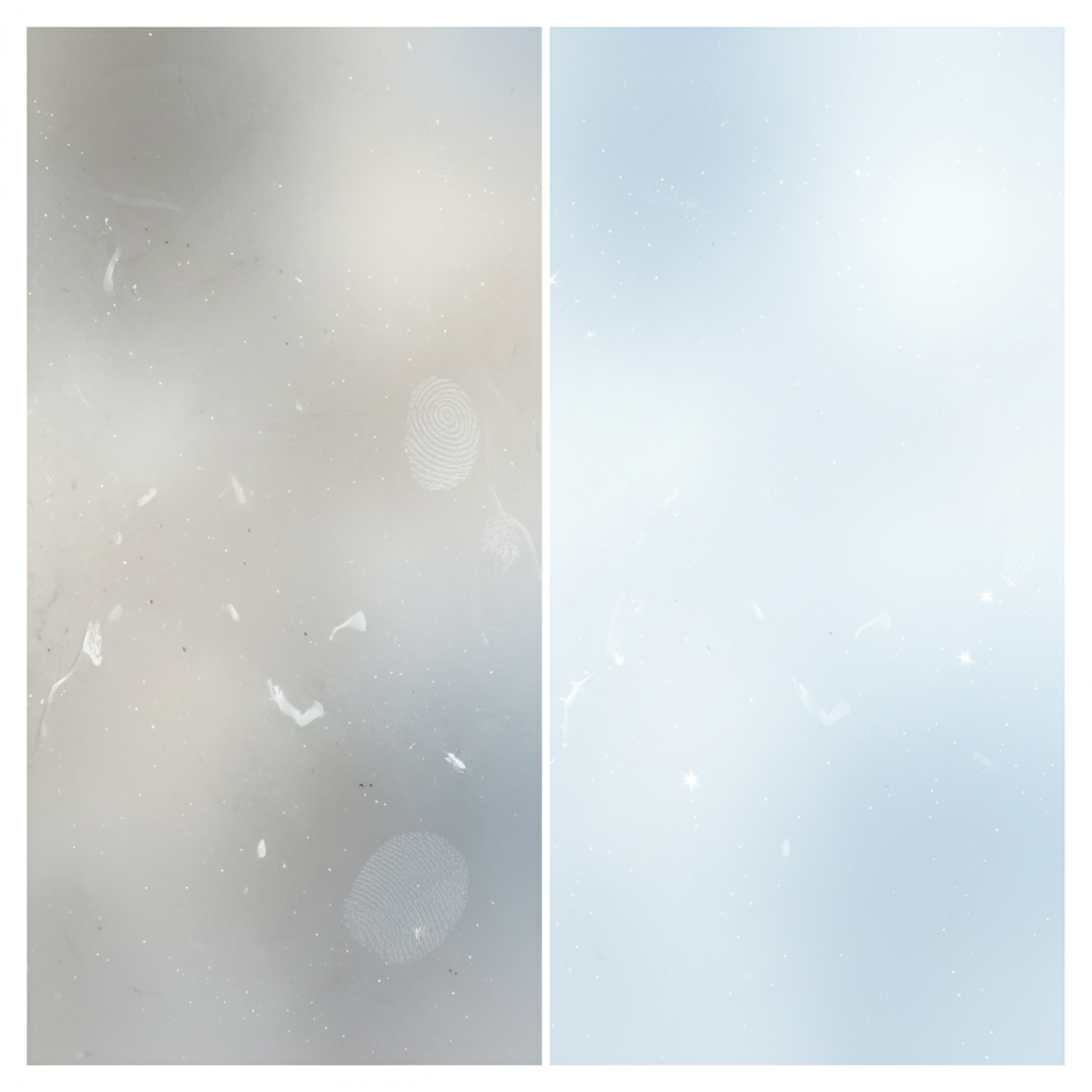 A detailed close-up, infographic-style illustration contrasting two states of frosted glass. On one side, a magnified view showing the rough, porous surface of frosted glass with tiny particles of dirt, kalkflecken, and fingerprints subtly embedded in its texture, making it appear dull and cloudy. On the other side, the same magnified surface, but impeccably clean, revealing the uniform, refined matte finish, reflecting light softly and appearing sparkling. Use a clean, modern color palette with subtle shadows to define the texture and highlight the difference in cleanliness, conveying transformation.